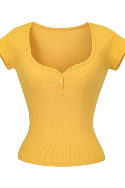 Minimalist Summer Slim-Fit Short Sleeve Henley T-Shirt for Women - Lightweight Fabric, Flattering Design, 90s Inspired