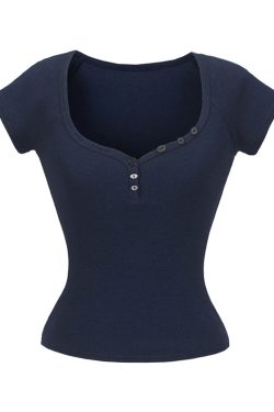 Minimalist Summer Slim-Fit Short Sleeve Henley T-Shirt for Women - Lightweight Fabric, Flattering Design, 90s Inspired