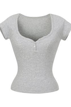 Minimalist Summer Slim-Fit Short Sleeve Henley T-Shirt for Women - Lightweight Fabric, Flattering Design, 90s Inspired