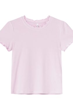 Minimalist Wave Edge Short Sleeve T-shirt for Women - Summer 2025 Solid Color Loose Fit Unique Top