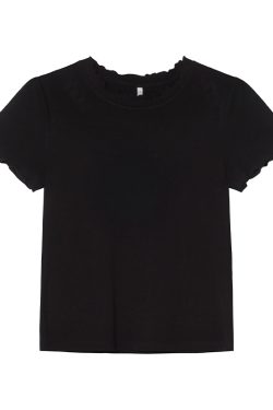 Minimalist Wave Edge Short Sleeve T-shirt for Women - Summer 2025 Solid Color Loose Fit Unique Top