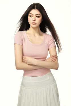 Minimalist White U-Neck Short Sleeve Cropped T-Shirt for Women - Summer Thin Slim Fit Pure Cotton Top