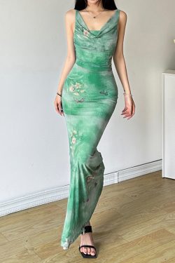 Mint Gradient Butterfly Strap Dress - Women's Fish Tail Long Skirt for Fresh Feel - Trendy Y2K Style