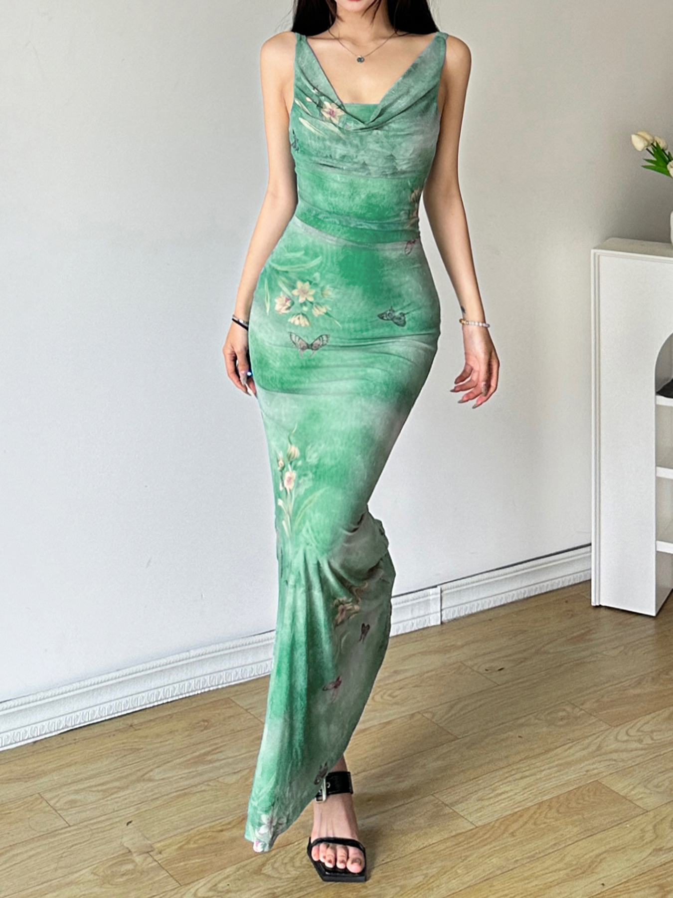 Mint Gradient Butterfly Strap Dress - Women's Fish Tail Long Skirt for Fresh Feel - Trendy Y2K Style Mint Gradient Butterfly Strap Dress - Women's Fish Tail Long Skirt for Fresh Feel - Trendy Y2K Style