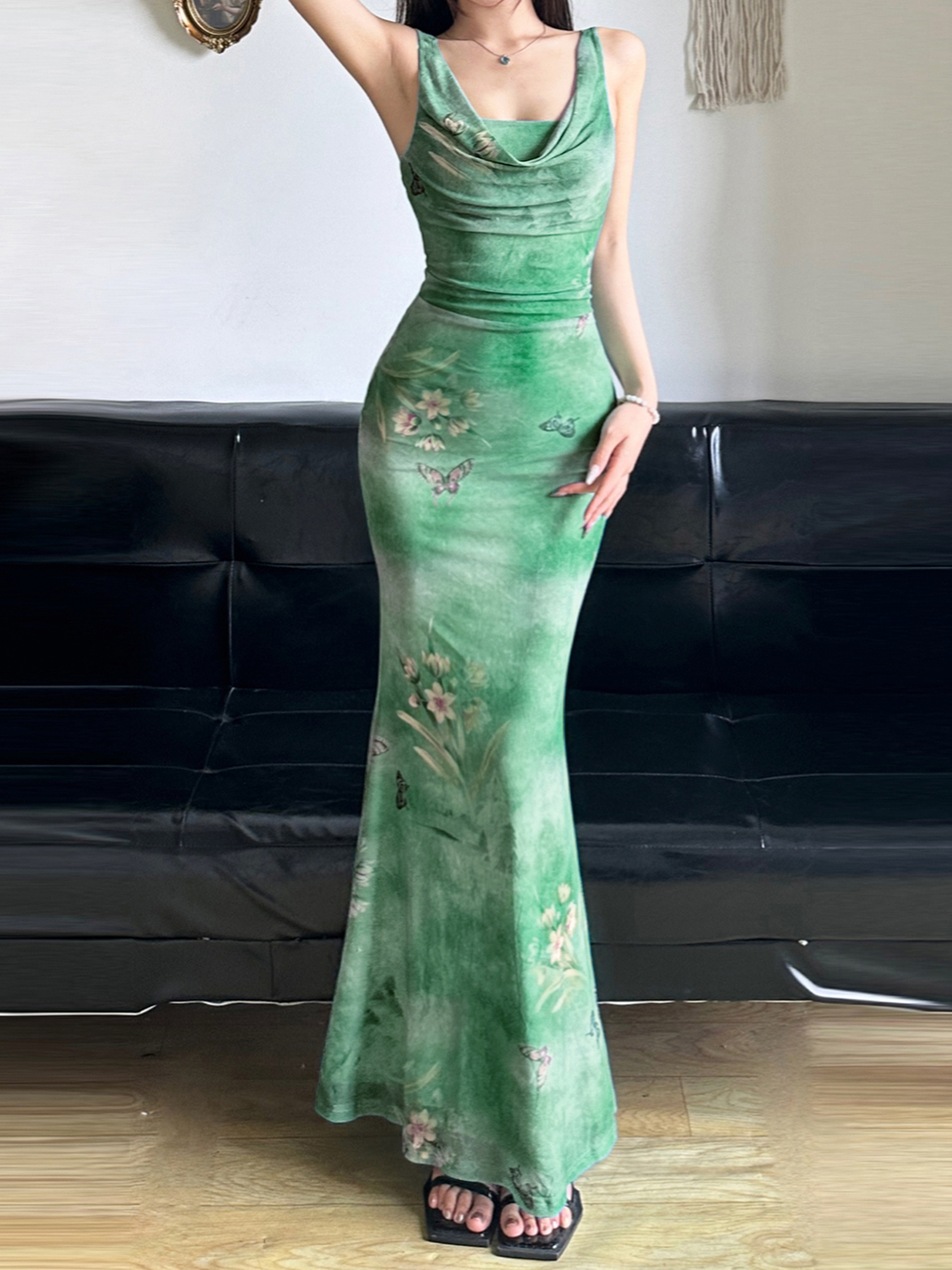 Mint Gradient Butterfly Strap Dress - Women's Fish Tail Long Skirt for Fresh Feel - Trendy Y2K Style Mint Gradient Butterfly Strap Dress - Women's Fish Tail Long Skirt for Fresh Feel - Trendy Y2K Style