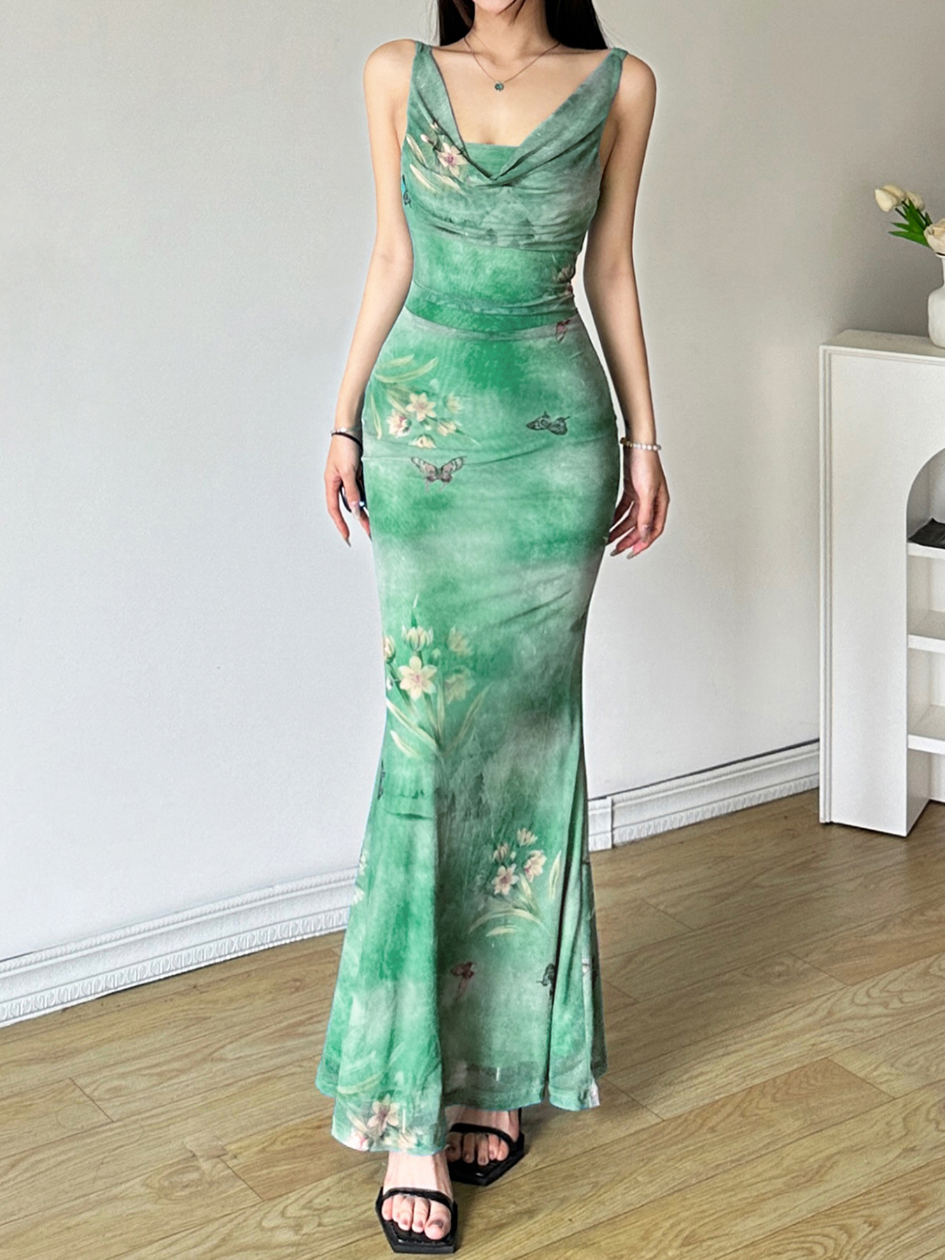 Mint Gradient Butterfly Strap Dress - Women's Fish Tail Long Skirt for Fresh Feel - Trendy Y2K Style Mint Gradient Butterfly Strap Dress - Women's Fish Tail Long Skirt for Fresh Feel - Trendy Y2K Style