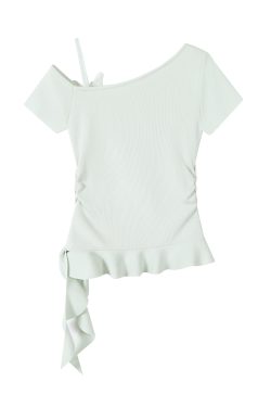 Mint Green Irregular Knitted T-shirt for Women - Unique Summer Design, Trendy Y2K Style Top