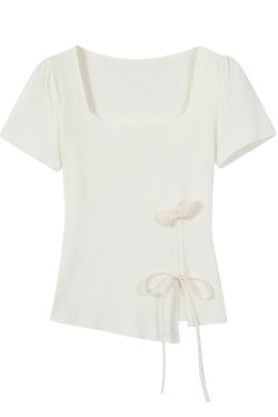 Mint Green Short Sleeve Top for Women, Summer Floral Design with Drawstring, 3D Flower Knitted Blouse, Trendy Korean Style.