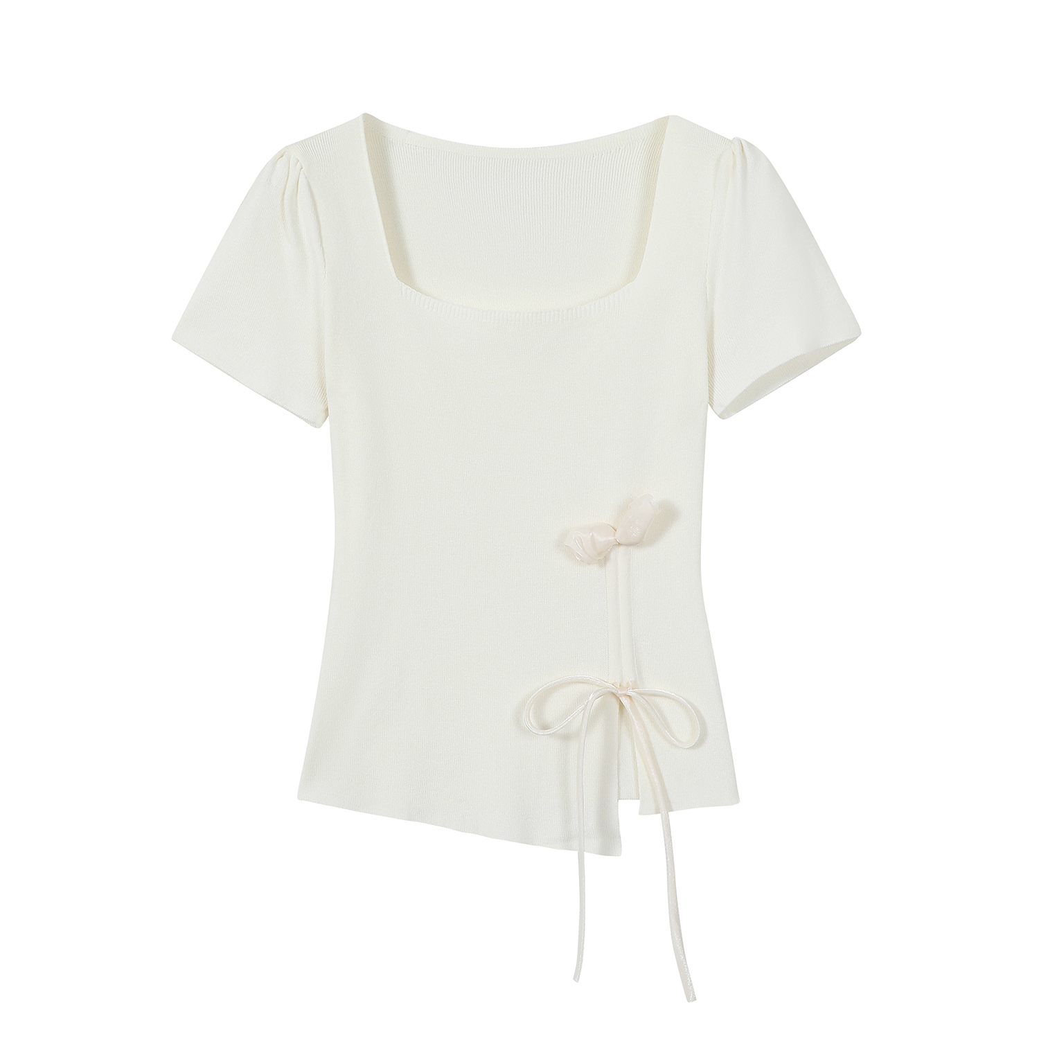 Mint Green Short Sleeve Top for Women, Summer Floral Design with Drawstring, 3D Flower Knitted Blouse, Trendy Korean Style. Mint Green Short Sleeve Top for Women, Summer Floral Design with Drawstring, 3D Flower Knitted Blouse, Trendy Korean Style.