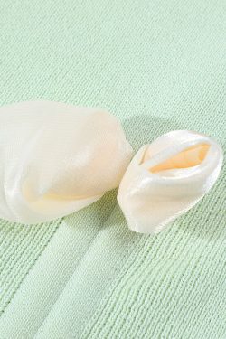 Mint Green Short Sleeve Top for Women, Summer Floral Design with Drawstring, 3D Flower Knitted Blouse, Trendy Korean Style.