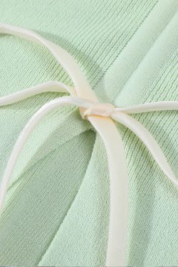 Mint Green Short Sleeve Top for Women, Summer Floral Design with Drawstring, 3D Flower Knitted Blouse, Trendy Korean Style.