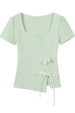Mint Green Short Sleeve Top for Women, Summer Floral Design with Drawstring, 3D Flower Knitted Blouse, Trendy Korean Style.