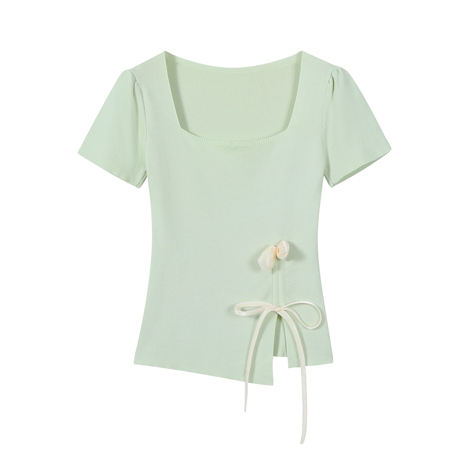 Mint Green Short Sleeve Top for Women, Summer Floral Design with Drawstring, 3D Flower Knitted Blouse, Trendy Korean Style. Mint Green Short Sleeve Top for Women, Summer Floral Design with Drawstring, 3D Flower Knitted Blouse, Trendy Korean Style.