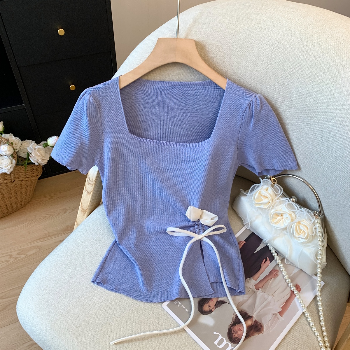 Mint Green Short Sleeve Top for Women, Summer Floral Design with Drawstring, 3D Flower Knitted Blouse, Trendy Korean Style. Mint Green Short Sleeve Top for Women, Summer Floral Design with Drawstring, 3D Flower Knitted Blouse, Trendy Korean Style.