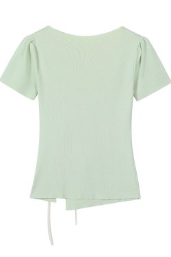 Mint Green Short Sleeve Top for Women, Summer Floral Design with Drawstring, 3D Flower Knitted Blouse, Trendy Korean Style.