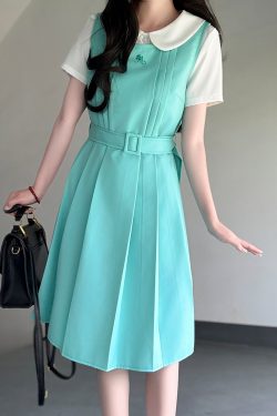 Mint Green Women's Suspender Dress - Pudding Bear Original JK Uniform, Waist-Defining Slimming Design, Sweet College Style Fashion