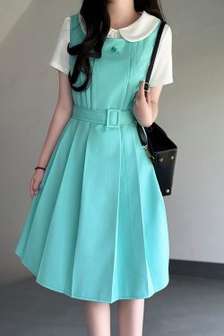 Mint Green Women's Suspender Dress - Pudding Bear Original JK Uniform, Waist-Defining Slimming Design, Sweet College Style Fashion