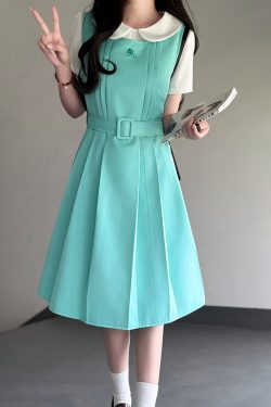 Mint Green Women's Suspender Dress - Pudding Bear Original JK Uniform, Waist-Defining Slimming Design, Sweet College Style Fashion