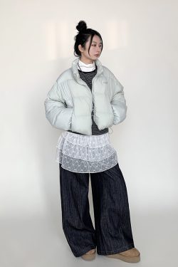 Mint Sea Salt Green Stand Collar Short Loose Versatile Puffer Jacket for Autumn Winter Fashion