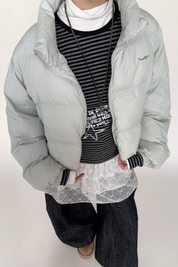 Mint Sea Salt Green Stand Collar Short Loose Versatile Puffer Jacket for Autumn Winter Fashion