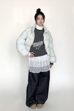 Mint Sea Salt Green Stand Collar Short Loose Versatile Puffer Jacket for Autumn Winter Fashion