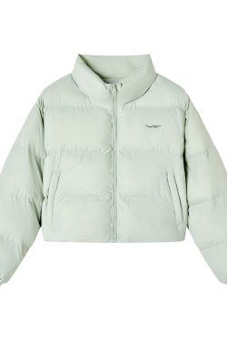 Mint Sea Salt Green Stand Collar Short Loose Versatile Puffer Jacket for Autumn Winter Fashion