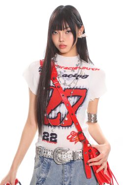 Motorcycle Street Hot Girl Digital Print Short Sleeve T-Shirt for Women - Summer Textured Fabric, High Elasticity, Y2K Style Top