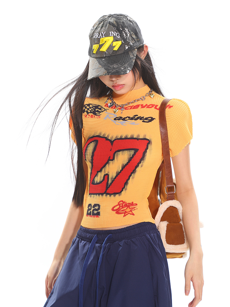 Motorcycle Street Hot Girl Digital Print Short Sleeve T-Shirt for Women - Summer Textured Fabric, High Elasticity, Y2K Style Top Motorcycle Street Hot Girl Digital Print Short Sleeve T-Shirt for Women - Summer Textured Fabric, High Elasticity, Y2K Style Top