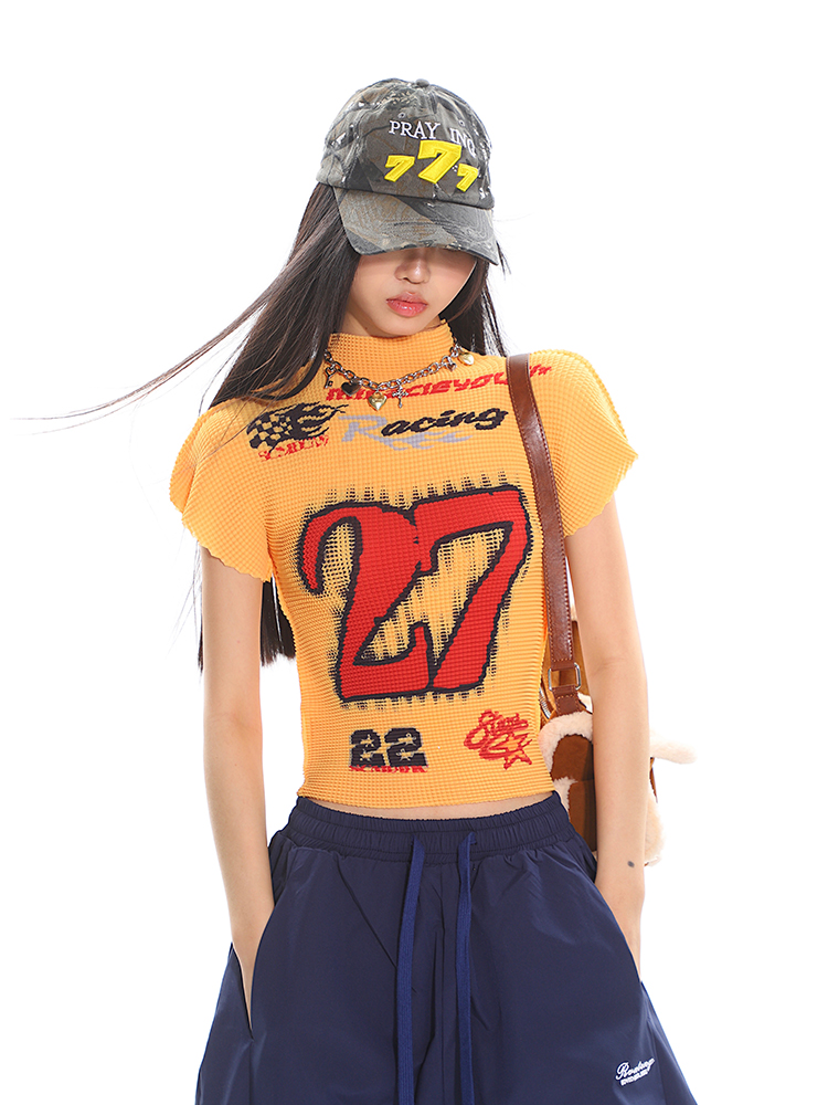 Motorcycle Street Hot Girl Digital Print Short Sleeve T-Shirt for Women - Summer Textured Fabric, High Elasticity, Y2K Style Top Motorcycle Street Hot Girl Digital Print Short Sleeve T-Shirt for Women - Summer Textured Fabric, High Elasticity, Y2K Style Top