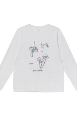 Mushroom Embroidery T-Shirt for Women, Spring/Summer 2025, Loose Fit, Slimming Round Neck, Pure Cotton, Casual Style