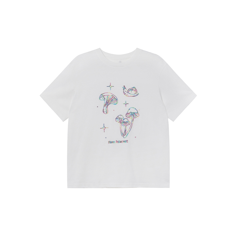 Mushroom Embroidery T-Shirt for Women, Spring/Summer 2025, Loose Fit, Slimming Round Neck, Pure Cotton, Casual Style Mushroom Embroidery T-Shirt for Women, Spring/Summer 2025, Loose Fit, Slimming Round Neck, Pure Cotton, Casual Style