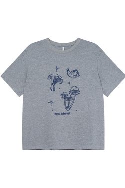 Mushroom Embroidery T-Shirt for Women, Spring/Summer 2025, Loose Fit, Slimming Round Neck, Pure Cotton, Casual Style