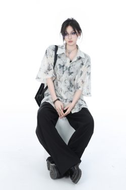 National Style Butterfly Embroidery Short Sleeve Shirt for Women, Loose Thin Summer Top, Design-Sensitive Fashion, Boho Chic