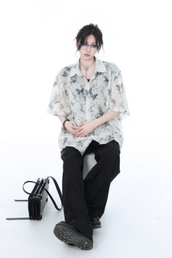 National Style Butterfly Embroidery Short Sleeve Shirt for Women, Loose Thin Summer Top, Design-Sensitive Fashion, Boho Chic