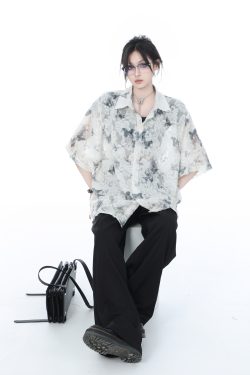 National Style Butterfly Embroidery Short Sleeve Shirt for Women, Loose Thin Summer Top, Design-Sensitive Fashion, Boho Chic