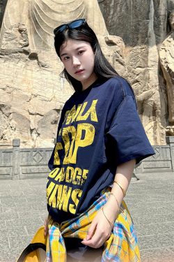 Navy Blue Heavyweight Women's Summer T-Shirt with Letter Print - Casual Loose Fit Pure Cotton Top for Trendy American Style