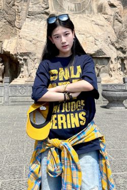 Navy Blue Heavyweight Women's Summer T-Shirt with Letter Print - Casual Loose Fit Pure Cotton Top for Trendy American Style