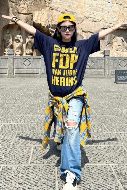 Navy Blue Heavyweight Women's Summer T-Shirt with Letter Print - Casual Loose Fit Pure Cotton Top for Trendy American Style