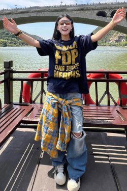 Navy Blue Heavyweight Women's Summer T-Shirt with Letter Print - Casual Loose Fit Pure Cotton Top for Trendy American Style