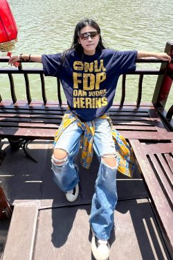 Navy Blue Heavyweight Women's Summer T-Shirt with Letter Print - Casual Loose Fit Pure Cotton Top for Trendy American Style