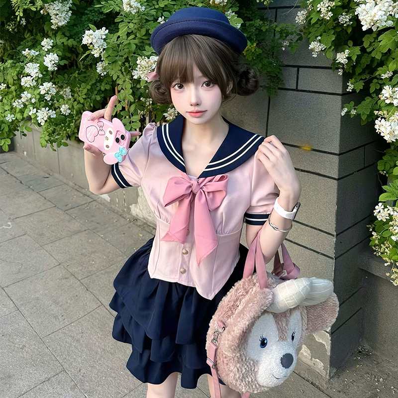 Navy Blue JK Uniform Sailor Suit with Pink Short Sleeve Top & Skirt Set - Women's College Style Pudding Bear Inspired Fashion Navy Blue JK Uniform Sailor Suit with Pink Short Sleeve Top & Skirt Set - Women's College Style Pudding Bear Inspired Fashion