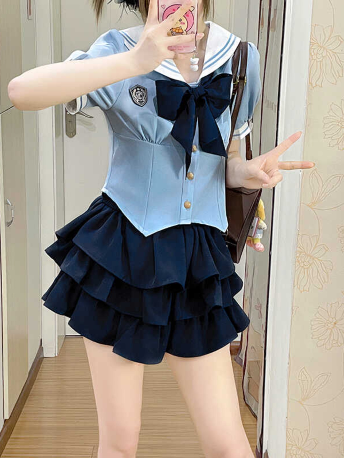 Navy Blue JK Uniform Sailor Suit with Pink Short Sleeve Top & Skirt Set - Women's College Style Pudding Bear Inspired Fashion Navy Blue JK Uniform Sailor Suit with Pink Short Sleeve Top & Skirt Set - Women's College Style Pudding Bear Inspired Fashion