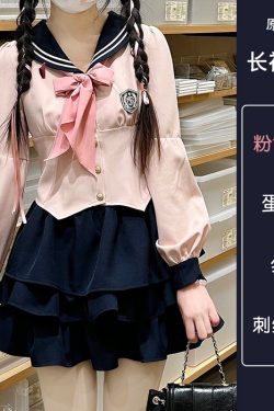 Navy Blue JK Uniform Sailor Suit with Pink Short Sleeve Top & Skirt Set - Women's College Style Pudding Bear Inspired Fashion