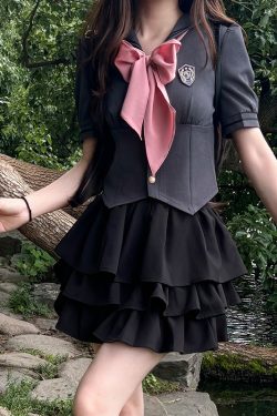 Navy Blue JK Uniform Sailor Suit with Pink Short Sleeve Top & Skirt Set - Women's College Style Pudding Bear Inspired Fashion