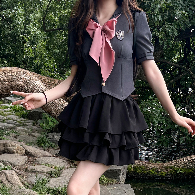 Navy Blue JK Uniform Sailor Suit with Pink Short Sleeve Top & Skirt Set - Women's College Style Pudding Bear Inspired Fashion Navy Blue JK Uniform Sailor Suit with Pink Short Sleeve Top & Skirt Set - Women's College Style Pudding Bear Inspired Fashion