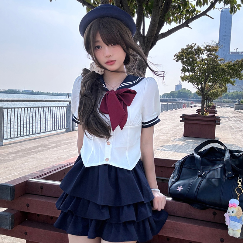 Navy Blue JK Uniform Sailor Suit with Pink Short Sleeve Top & Skirt Set - Women's College Style Pudding Bear Inspired Fashion Navy Blue JK Uniform Sailor Suit with Pink Short Sleeve Top & Skirt Set - Women's College Style Pudding Bear Inspired Fashion
