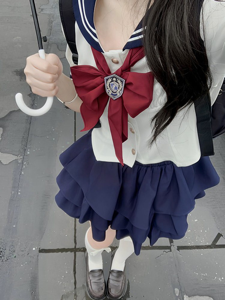 Navy Blue JK Uniform Sailor Suit with Pink Short Sleeve Top & Skirt Set - Women's College Style Pudding Bear Inspired Fashion Navy Blue JK Uniform Sailor Suit with Pink Short Sleeve Top & Skirt Set - Women's College Style Pudding Bear Inspired Fashion