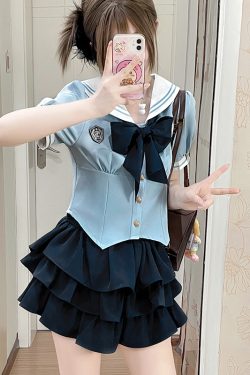 Navy Blue JK Uniform Sailor Suit with Pink Short Sleeve Top & Skirt Set - Women's College Style Pudding Bear Inspired Fashion