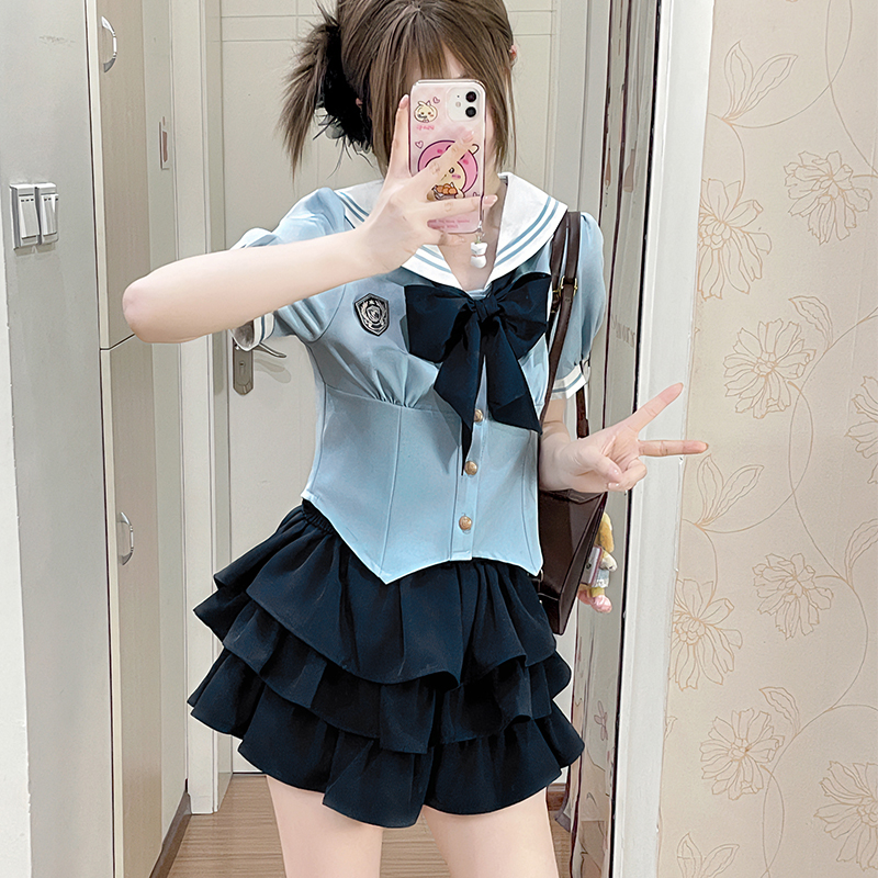Navy Blue JK Uniform Sailor Suit with Pink Short Sleeve Top & Skirt Set - Women's College Style Pudding Bear Inspired Fashion Navy Blue JK Uniform Sailor Suit with Pink Short Sleeve Top & Skirt Set - Women's College Style Pudding Bear Inspired Fashion