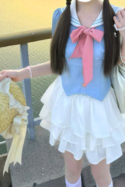 Navy Blue JK Uniform Sailor Suit with Pink Short Sleeve Top & Skirt Set - Women's College Style Pudding Bear Inspired Fashion